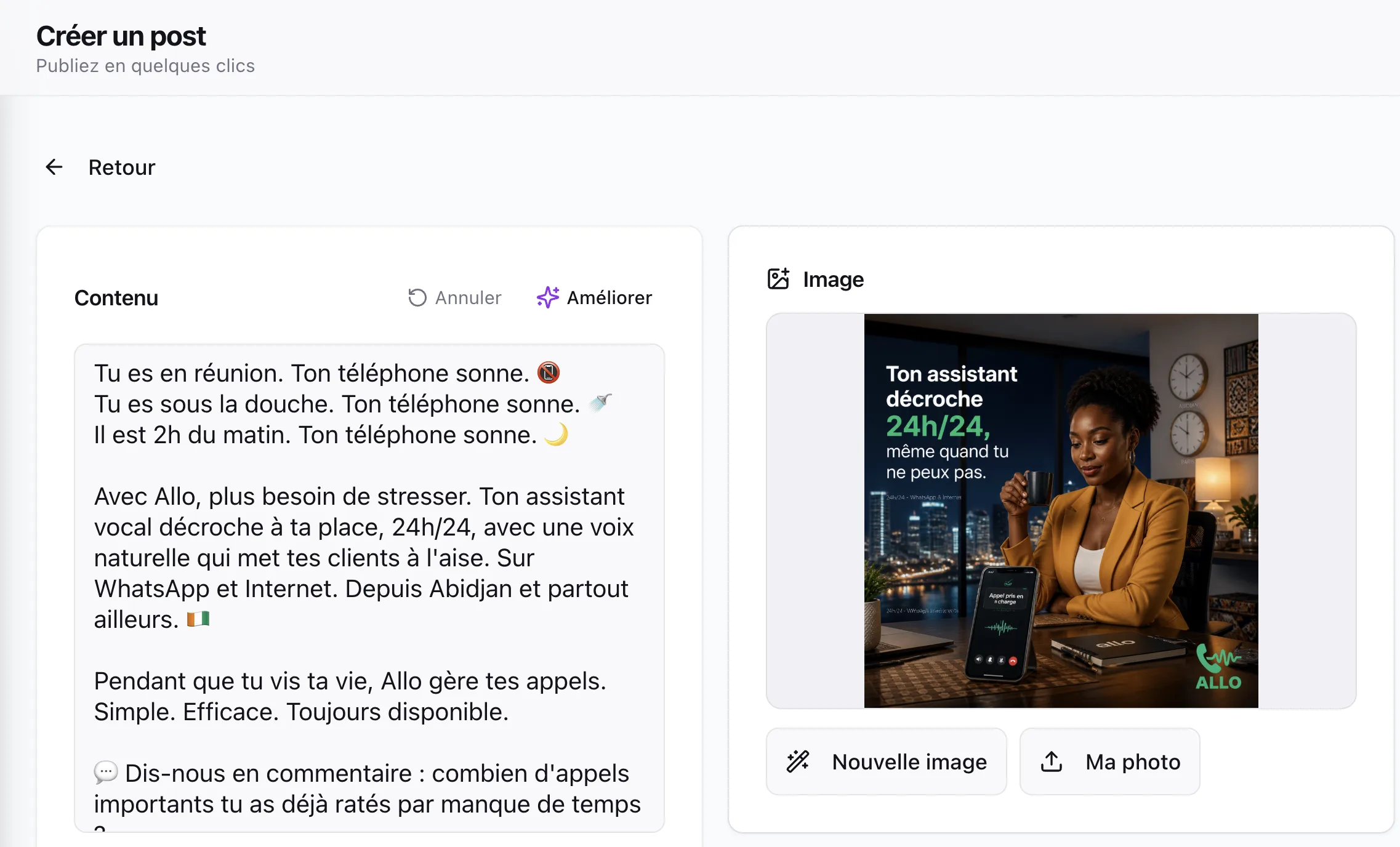 Composeur Le Griot : rédaction, génération d'image et aperçu du post